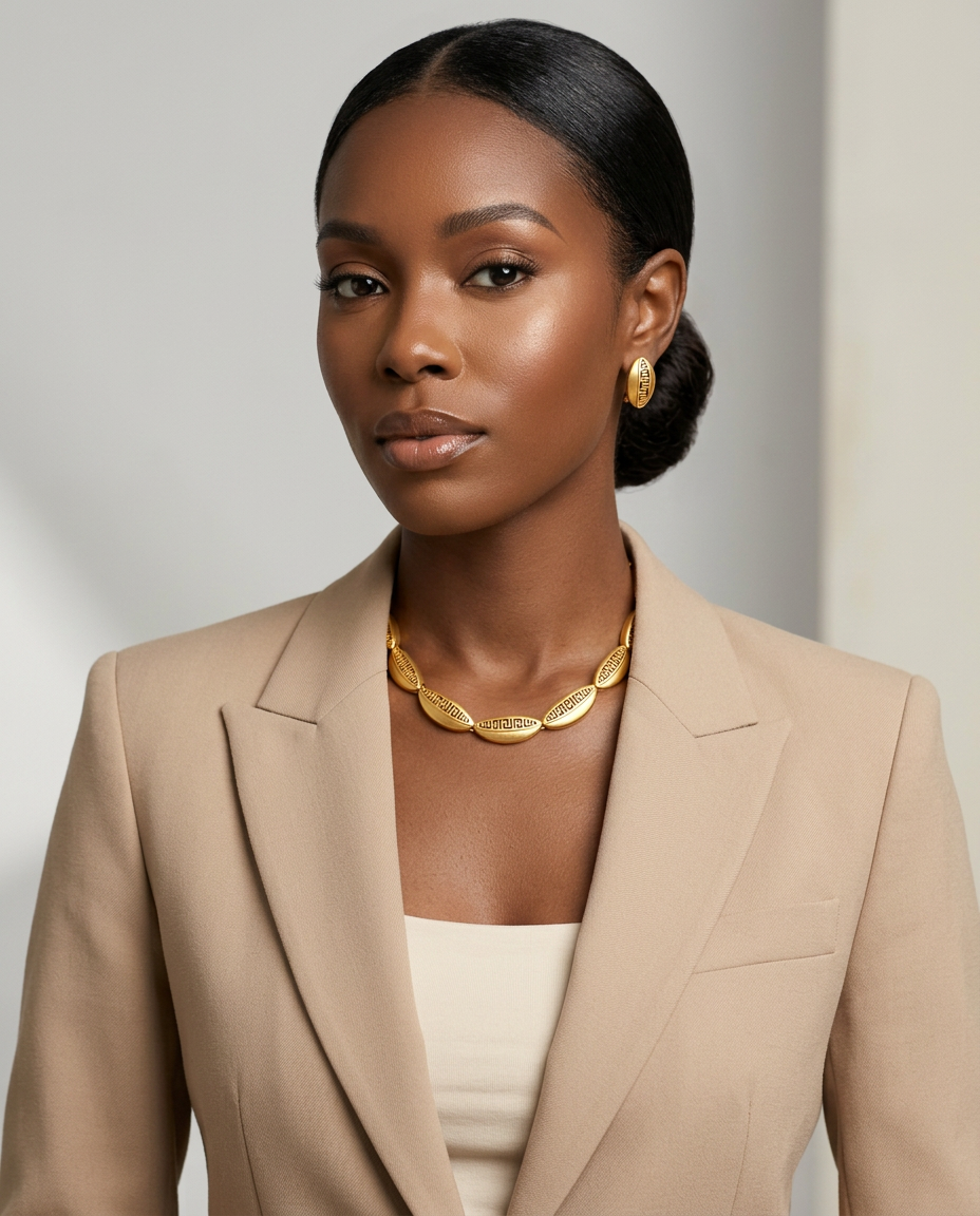 Woman wearing a beige blazer and gold necklace against a neutral background