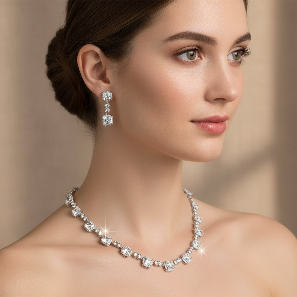 Woman wearing a diamond necklace and earrings against a neutral background