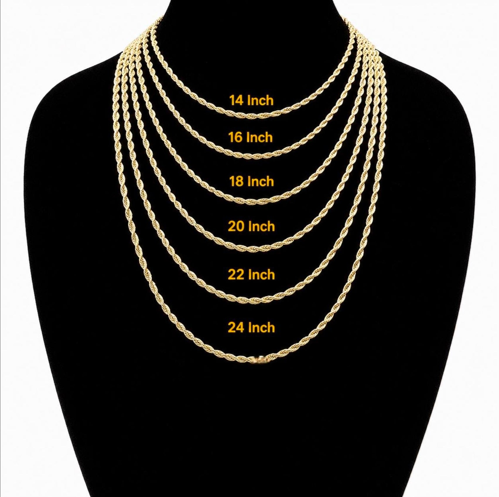 Gold chain necklace displayed on a mannequin with size labels.