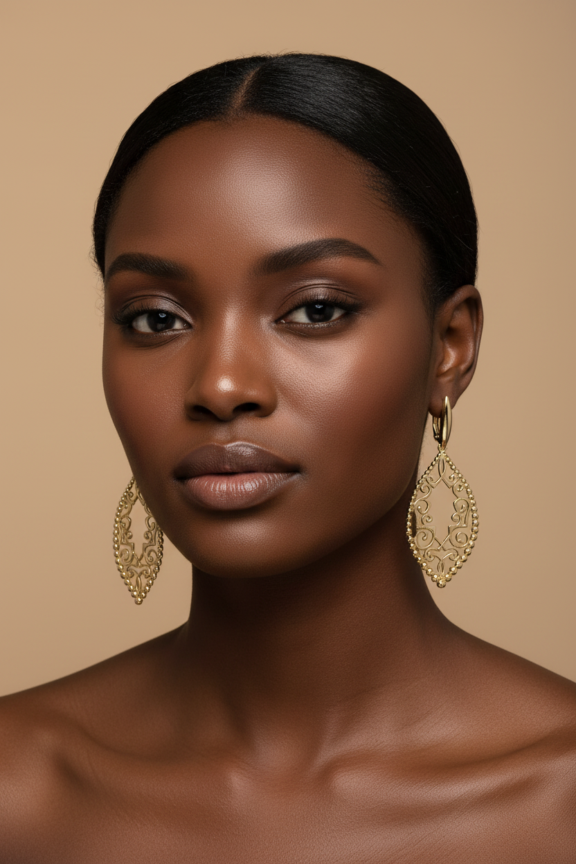 Woman wearing gold earrings against a beige background