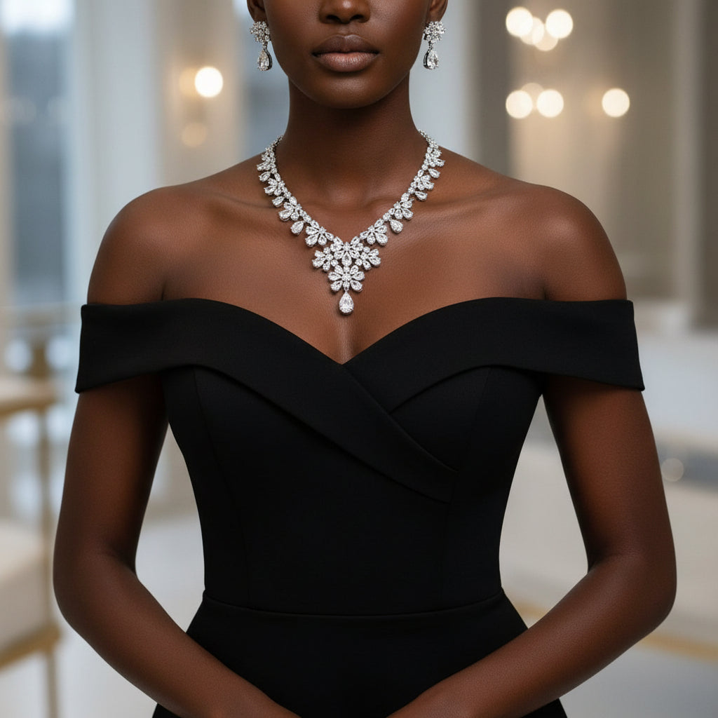 Jewelry set with necklace and earrings on a black mannequin