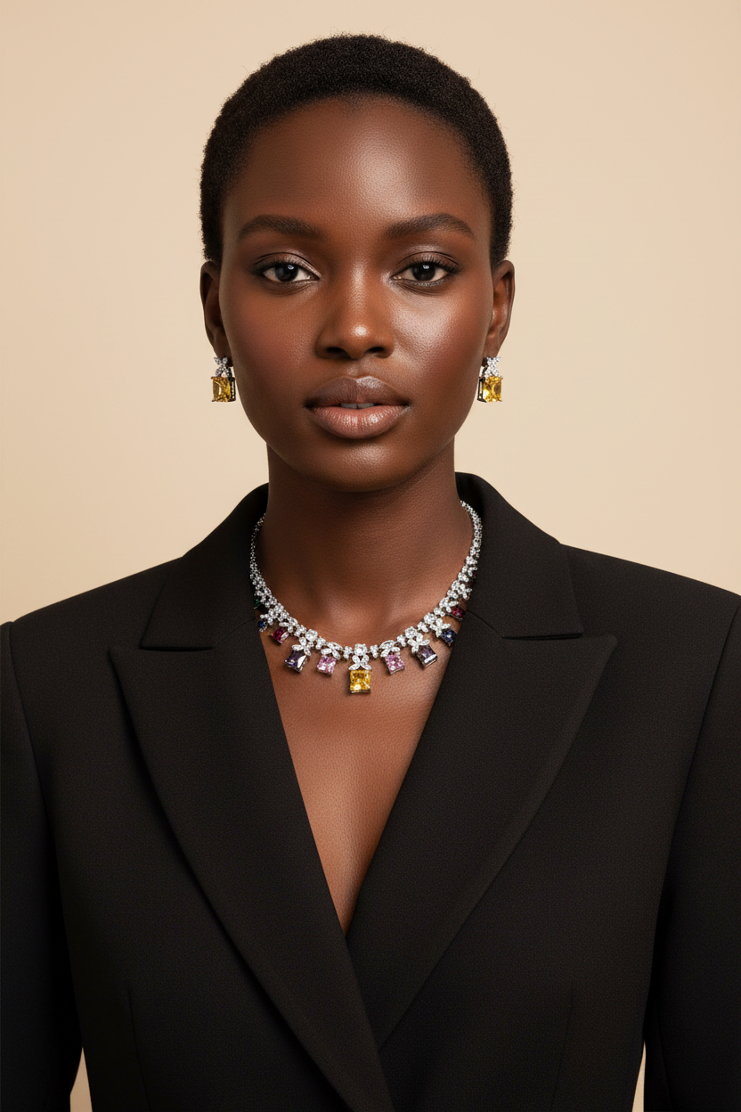 Woman wearing a black blazer and colorful necklace against a beige background
