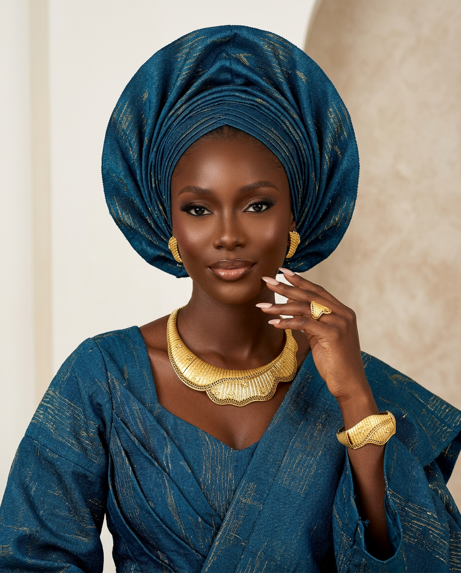 Fancy Daria Sovereign Set bold chunky gold plated African bib collar jewelry set for women — wide statement necklace gold cuff bangle clip on earrings ring — Nigerian wedding owambe Yoruba bridal jewelry