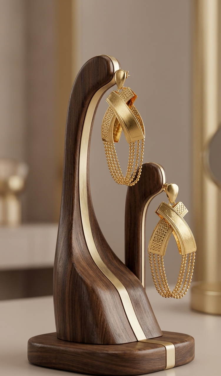 A pair of elaborate gold drop earrings displayed on a luxury, modern jewelry stand. The stand is crafted from polished dark wood with a vertical gold metal inlay. The earrings feature a cross-over ribbon design with delicate gold bead chains cascading from the bottom. The background is a softly blurred, high-end neutral-toned interior.