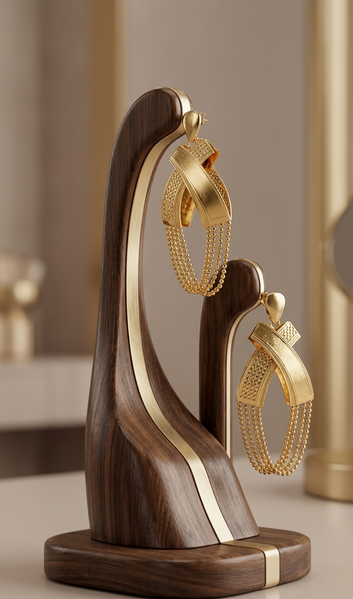 A pair of elaborate gold drop earrings displayed on a luxury, modern jewelry stand. The stand is crafted from polished dark wood with a vertical gold metal inlay. The earrings feature a cross-over ribbon design with delicate gold bead chains cascading from the bottom. The background is a softly blurred, high-end neutral-toned interior.