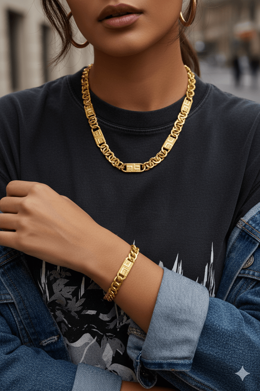 Prestige Unisex Cuban Gold Plated Necklace & Bracelet Set – FancyDaria worn by model with stylish denim jacket.