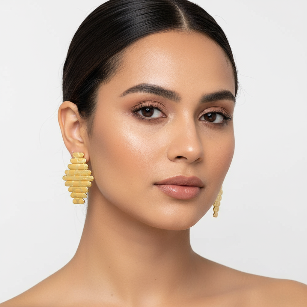 Woman wearing gold earrings against a plain background