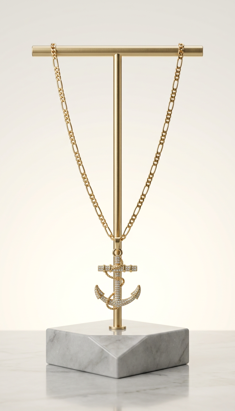 Gold-plated iced out anchor pendant necklace on marble display stand – Fancy Daria men's jewelry