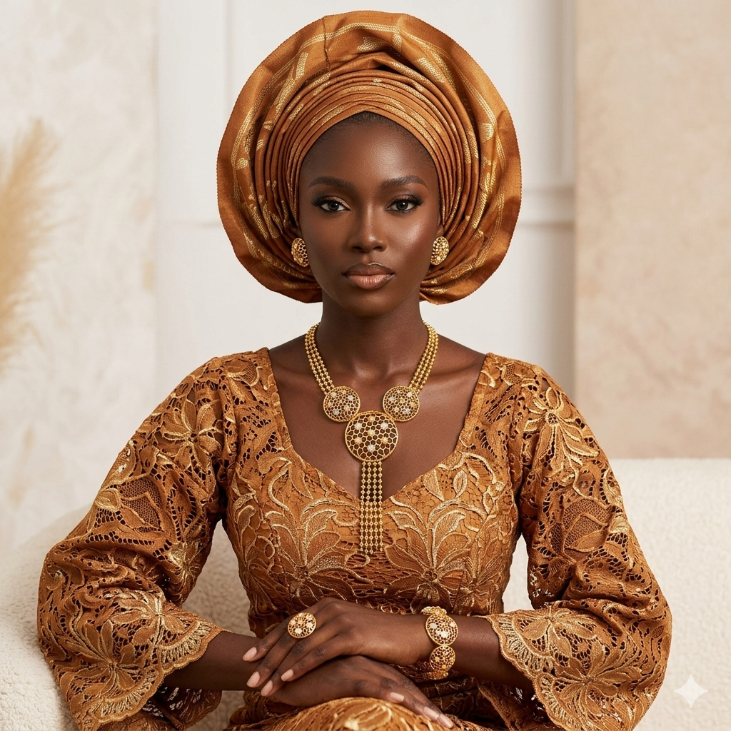 Woman wearing a traditional gold outfit with a matching headwrap against a neutral background
