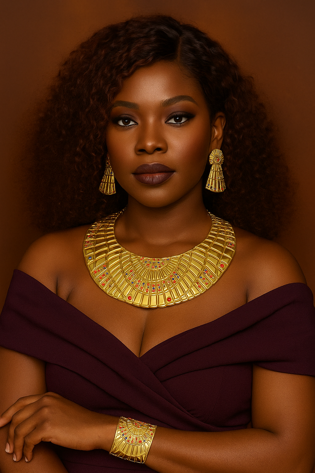 Woman wearing gold jewelry against a brown background
