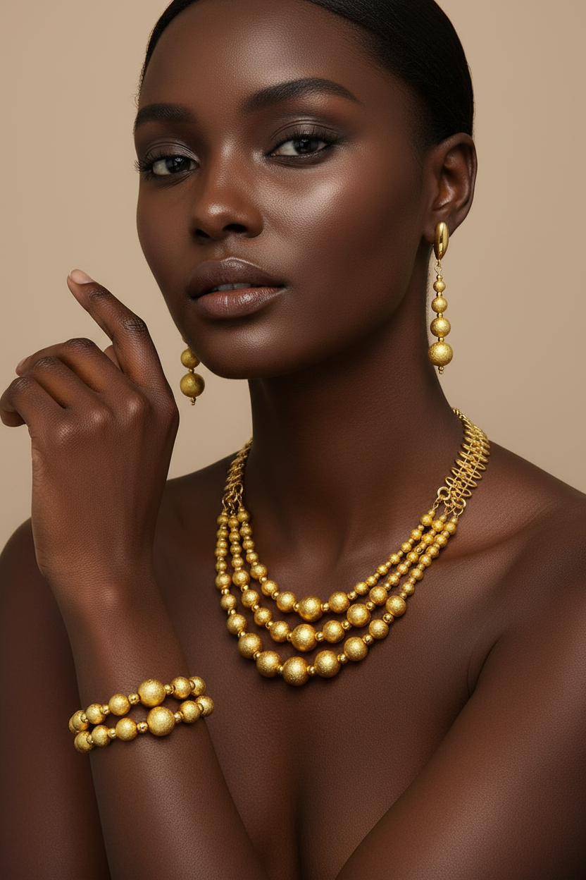 Woman wearing gold jewelry against a beige background
