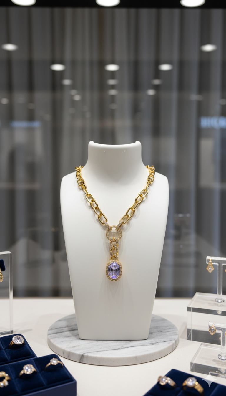 Gold chain necklace on a mannequin bust with a blurred background