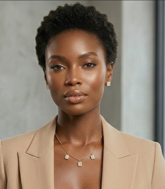 Woman wearing 18K Gold Plated Square Crystal Jewelry Set - 4-Piece Necklace, Bracelet, Ring & Earrings on beige blazer with a neutral background