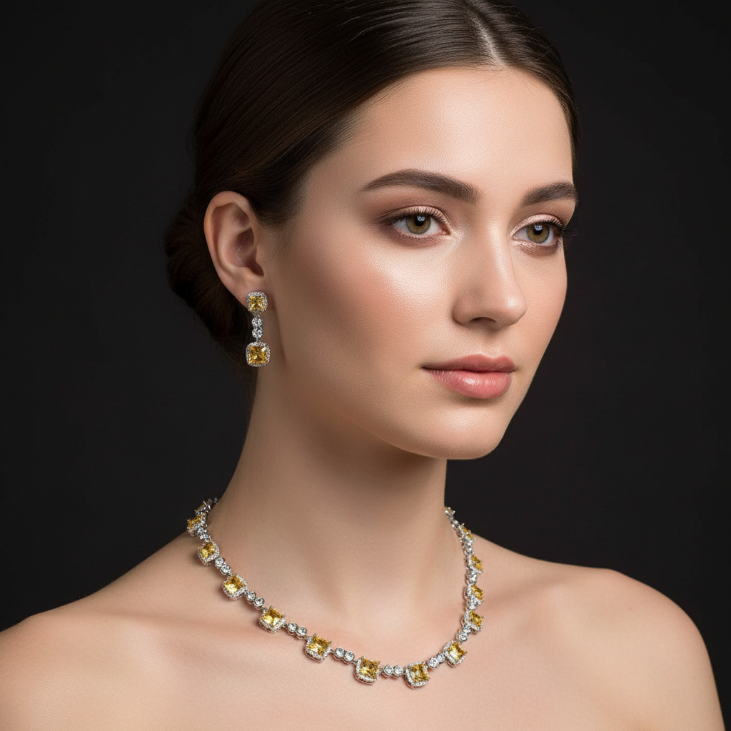 Woman wearing a diamond necklace and earrings on a black background