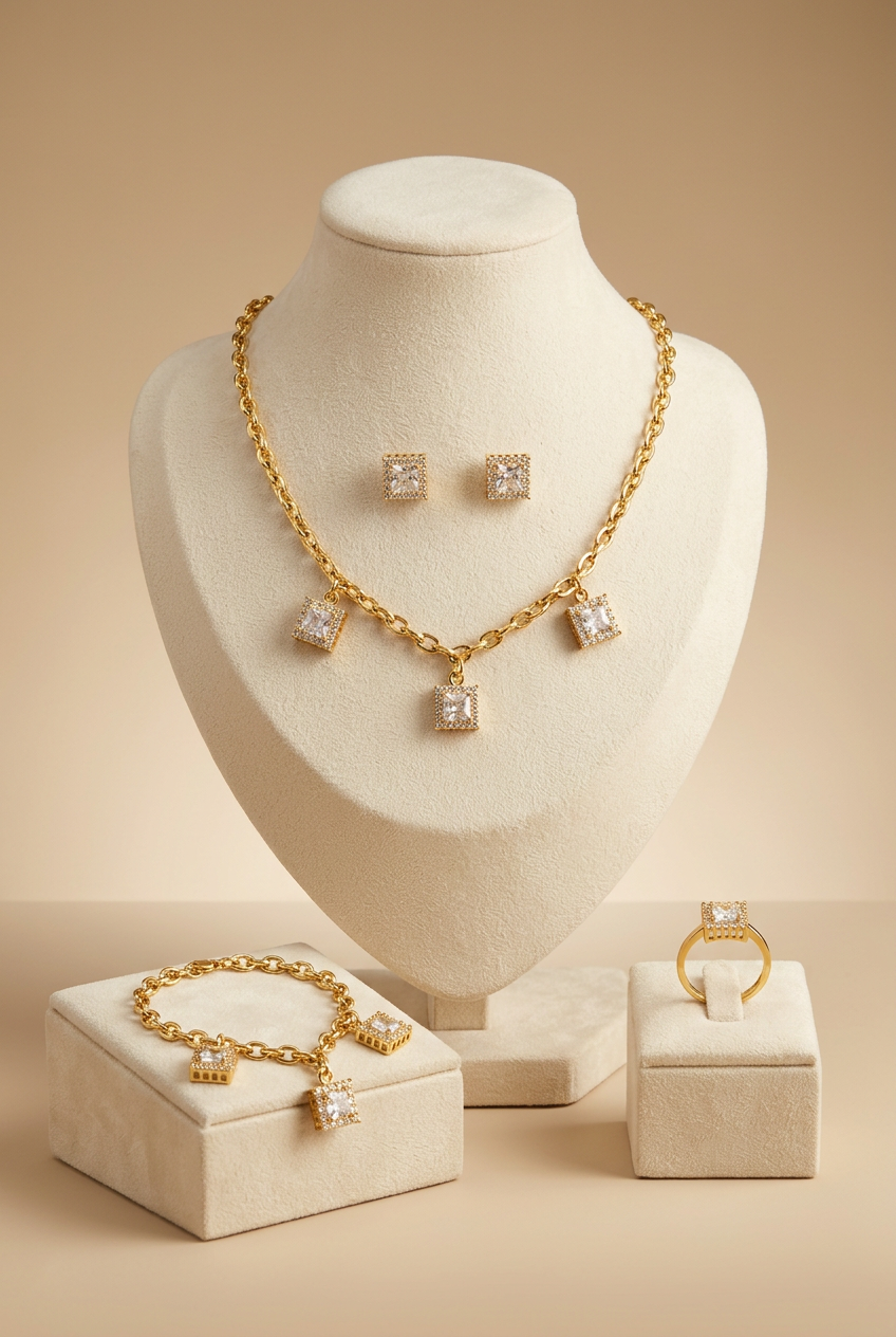 A 4-piece gold-plated jewelry set displayed on a brown mannequin bust, featuring a matching necklace, link bracelet, stud earrings, and an adjustable ring, all adorned with square-cut crystal charms surrounded by a pavé border.