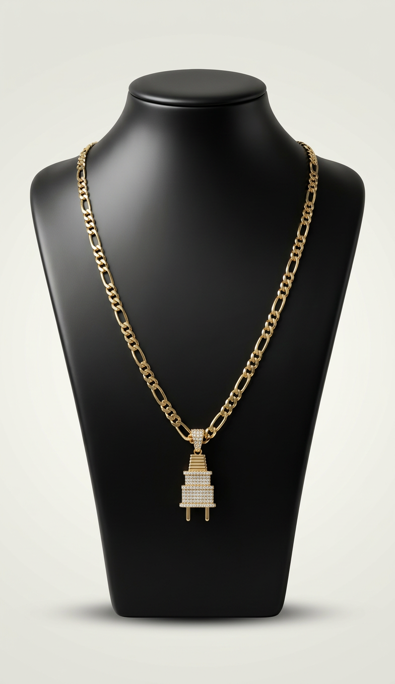 Gold-plated iced out plug pendant necklace on black bust display – Fancy Daria men's jewelry