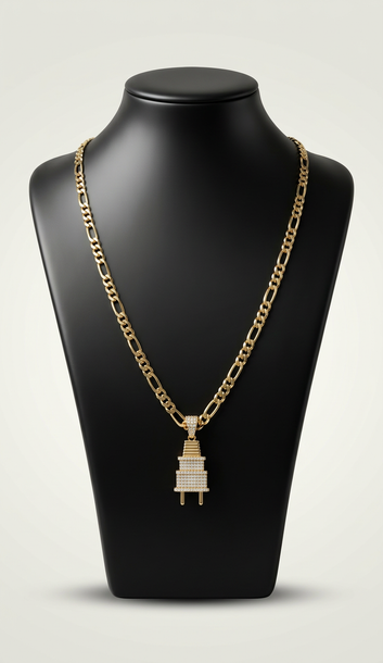 Gold-plated iced out plug pendant necklace on black bust display – Fancy Daria men's jewelry