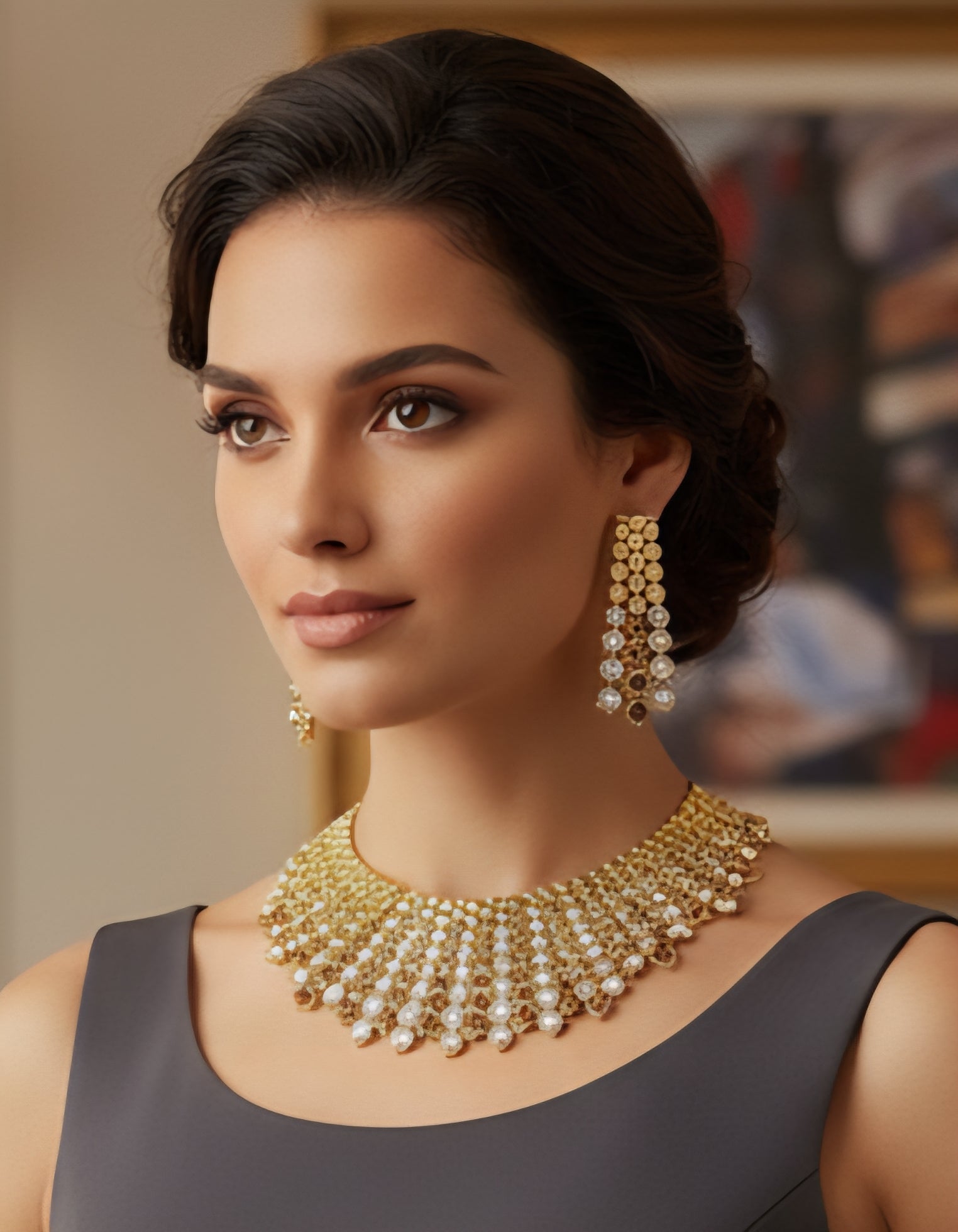 Woman wearing a gold and pearl necklace and earrings with a blurred background