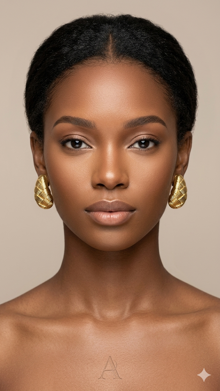 woman wearing chunky gold basket-weave teardrop stud earrings — fancy daria