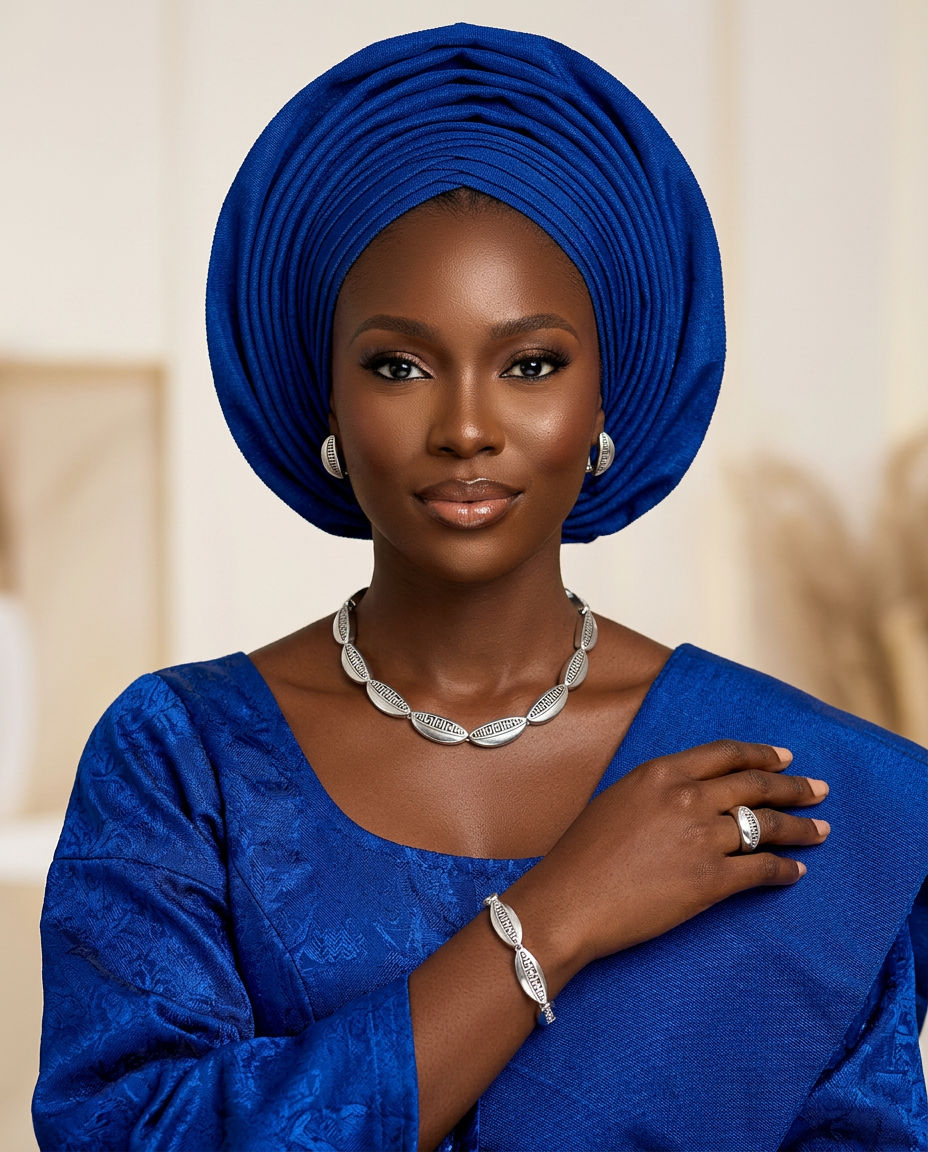 Woman wearing a blue traditional outfit with a matching headwrap, jewelry, and a neutral background.