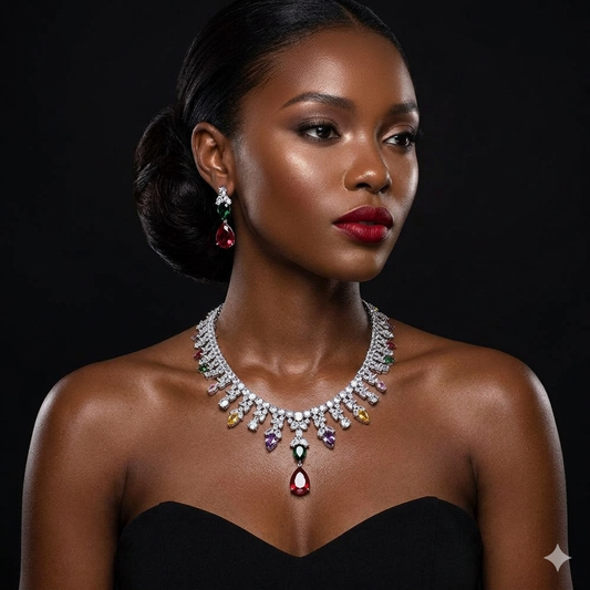 Woman wearing a luxurious diamond necklace with gemstones on a black background