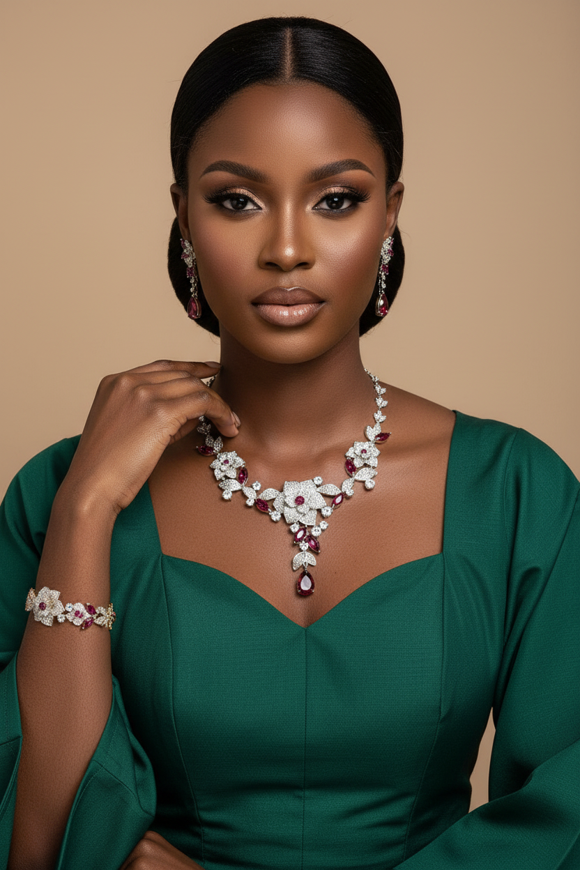 Woman wearing a green dress with jewelry on a beige background