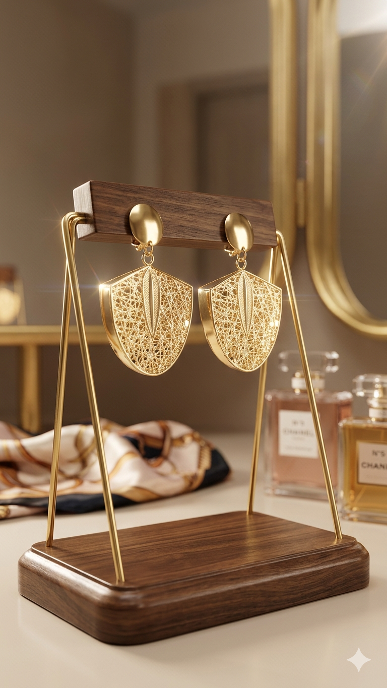 gold-plated filigree shield drop earrings on luxury wood and gold stand — fancy daria