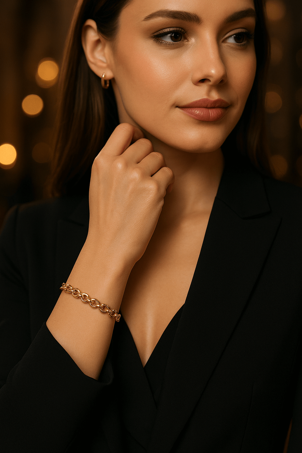 Woman wearing a gold bracelet with a blurred warm background