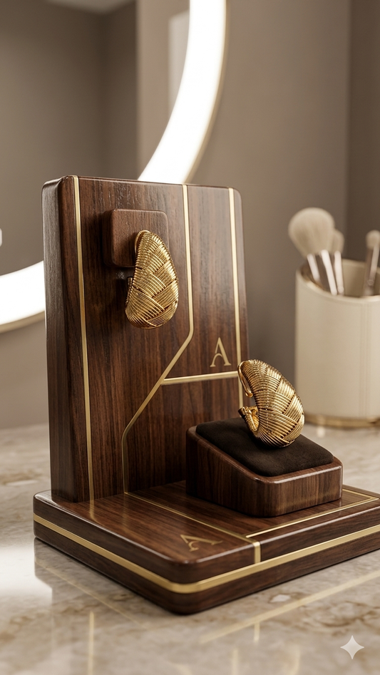 gold-plated woven teardrop earrings on luxury wood display stand — fancy daria