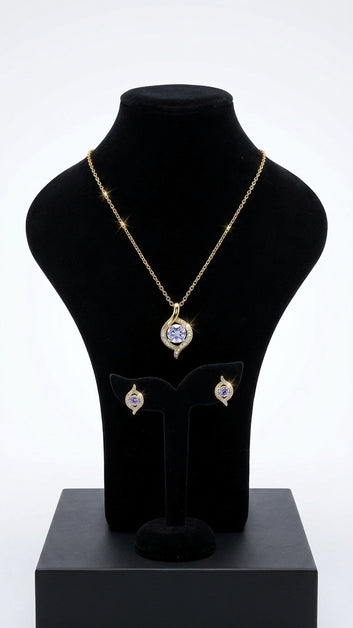 14K Gold Plated Lavender CZ Necklace and Earrings Set | Dainty Cubic Zirconia Pendant Necklace | Minimalist Jewelry Set for Women | Gift for Her | Everyday Gold Jewelry