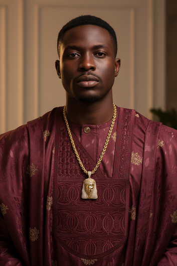 Gold-plated iced out pendant necklace on black bust with marble base – Fancy Daria men's jewelry