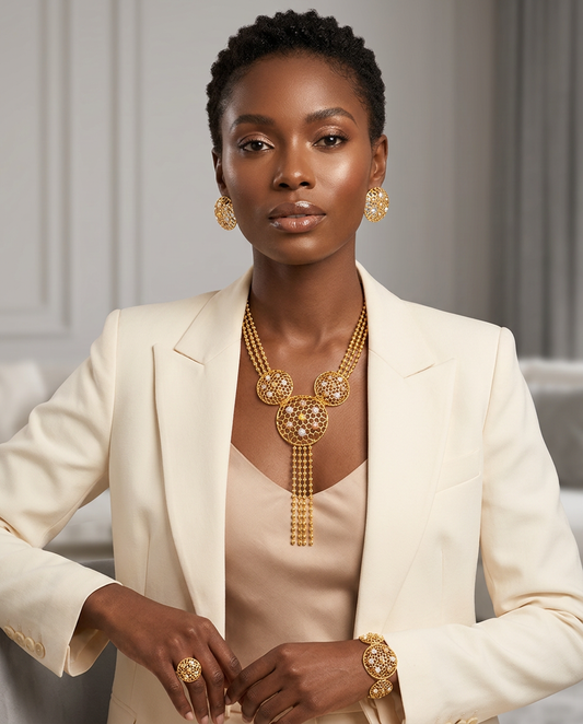 Woman wearing a cream blazer and gold jewelry against a neutral background