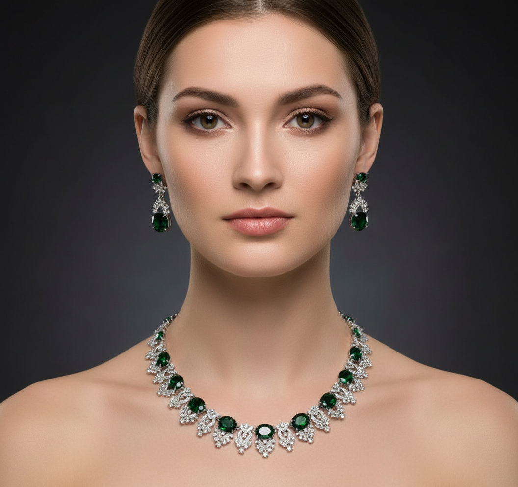 Woman wearing a green emerald necklace and earrings on a dark background