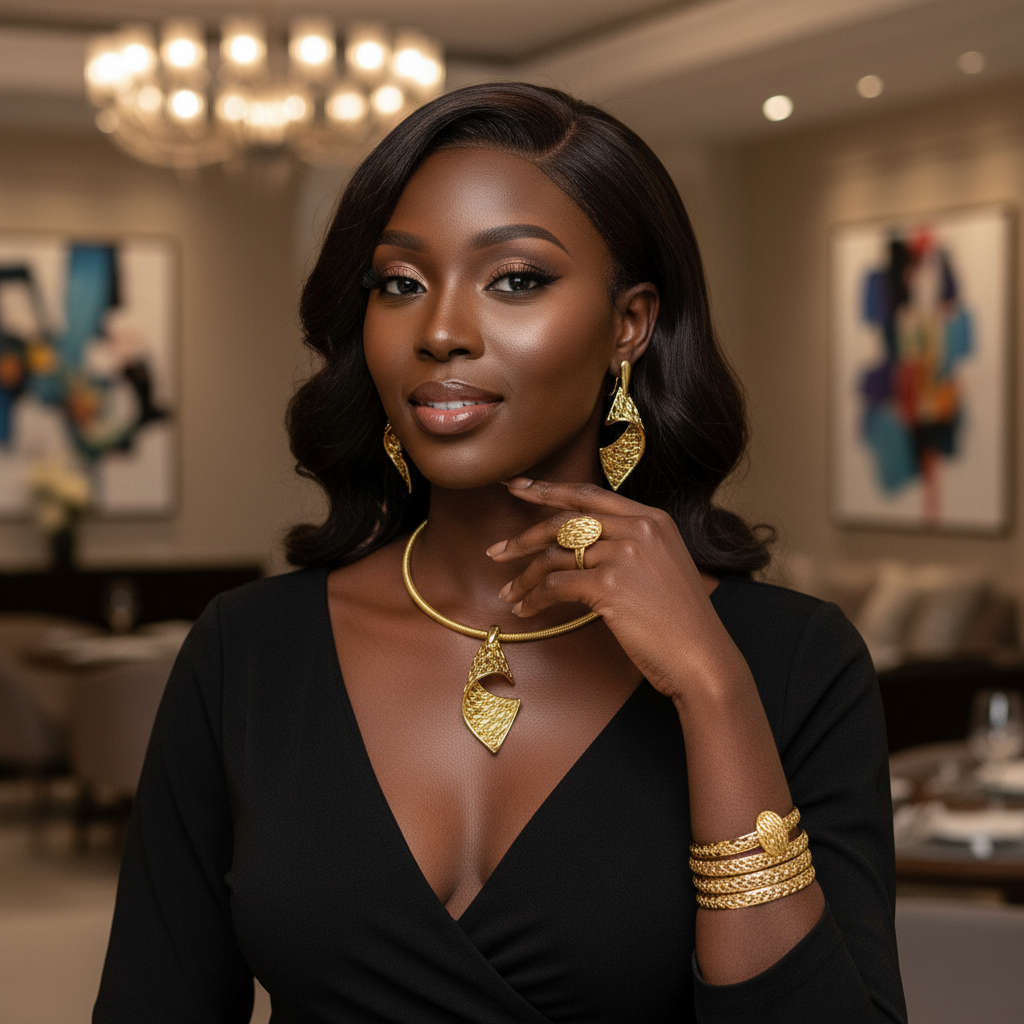 Woman wearing Latoke Teardrop necklace and earrings set in a stylish indoor setting