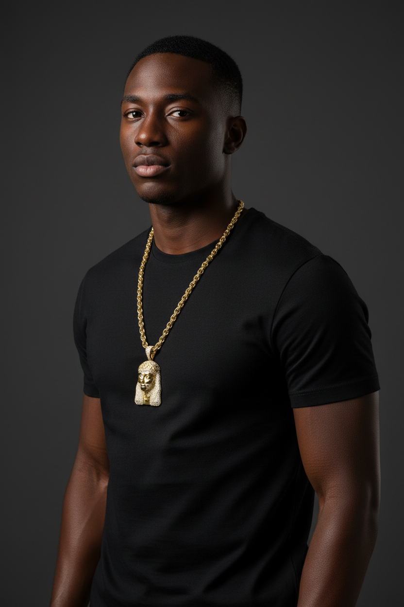 Gold-plated iced out  pendant necklace on black bust with marble base – Fancy Daria men's jewelry