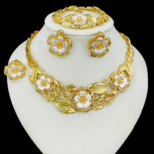 Elegant Gold Floral Jewelry Set | Bridal & Party Necklace, Earrings, Bracelet & Ring