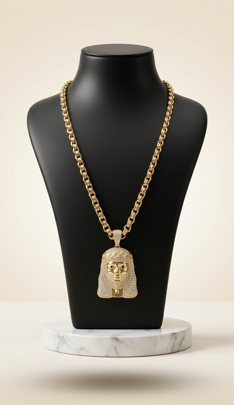 Gold-plated iced out pharaoh pendant necklace on black bust with marble base – Fancy Daria men's jewelry