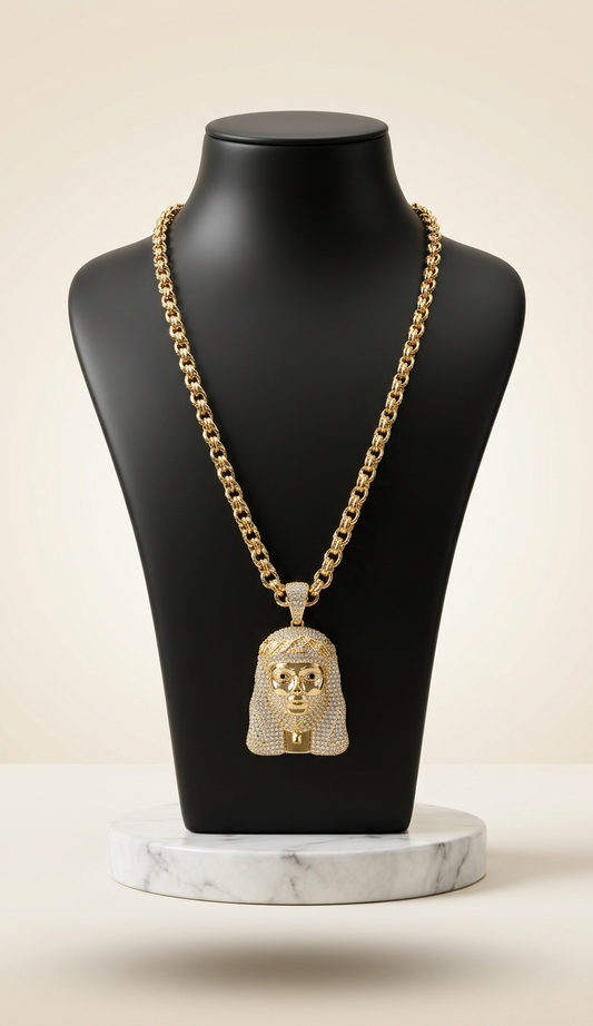 Gold-plated iced out pharaoh pendant necklace on black bust with marble base – Fancy Daria men's jewelry