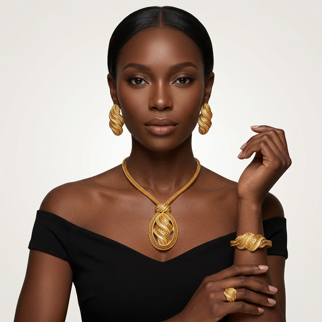 Woman wearing gold jewelry including a necklace, earrings, bracelet, and ring on a plain background