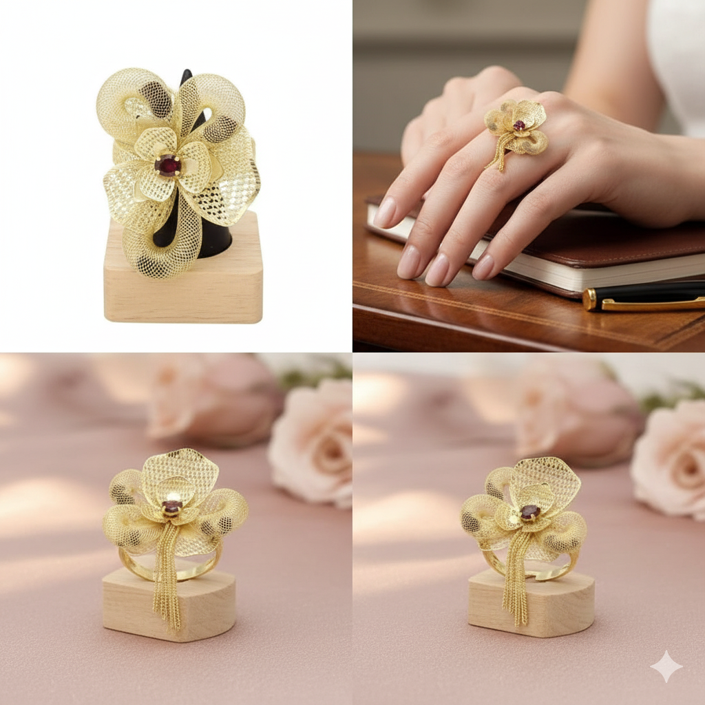 Gold ring with floral design on a wooden stand, displayed on a table with a pen and notebook.