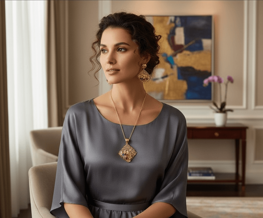 Zianora Bloom Set – 18K Gold-Plated Floral Pendant & Earrings showcased elegantly on a model in a stylish setting.