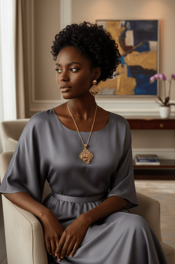 Zianora Bloom Set – 18K Gold-Plated Floral Pendant & Earrings showcased elegantly on a model in a stylish setting.