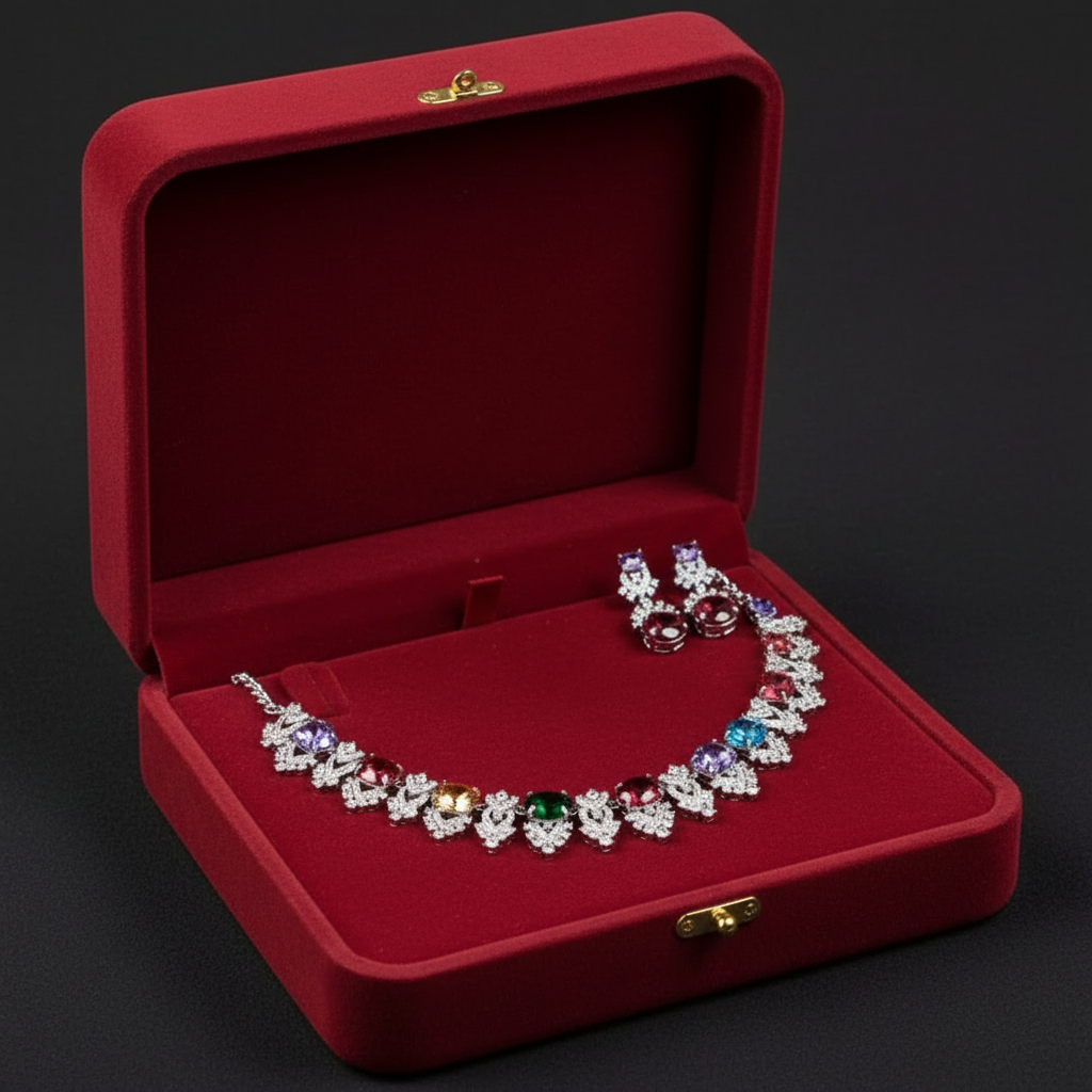Jewelry set including a necklace and earrings in a red jewelry box on a black background