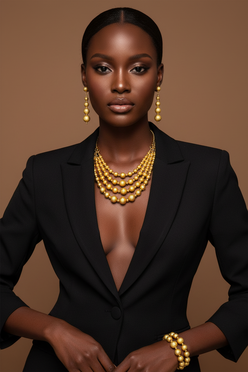 Woman wearing a black suit with gold jewelry against a brown background