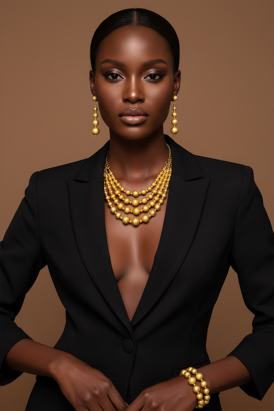 Woman wearing a black suit with gold jewelry against a brown background