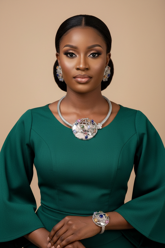 Woman wearing a green dress with jewelry against a beige background