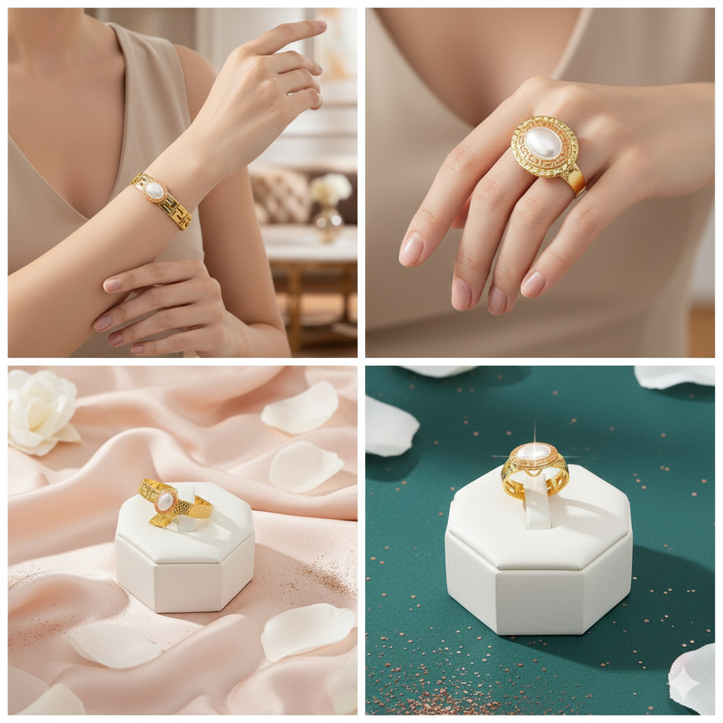 Collage of gold jewelry including a bracelet, ring, and earrings on a soft background.