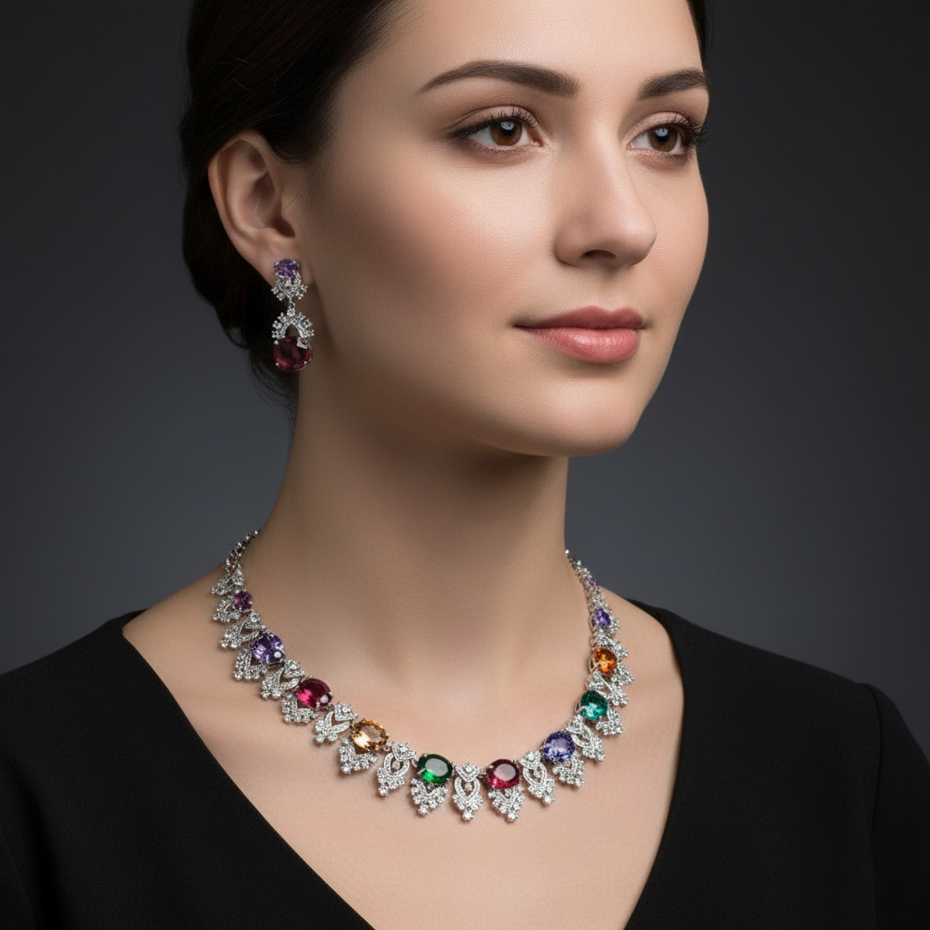 Woman wearing a colorful gemstone necklace and earrings on a dark background
