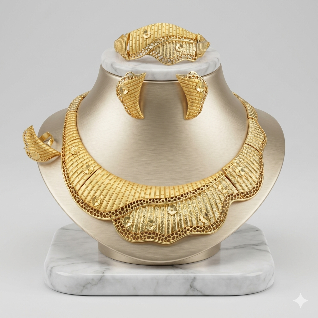 Fancy Daria Sovereign Set bold chunky gold plated African bib collar jewelry set for women — wide statement necklace gold cuff bangle clip on earrings ring — Nigerian wedding owambe Yoruba bridal jewelry