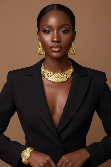 Woman wearing a black blazer with gold jewelry against a brown background